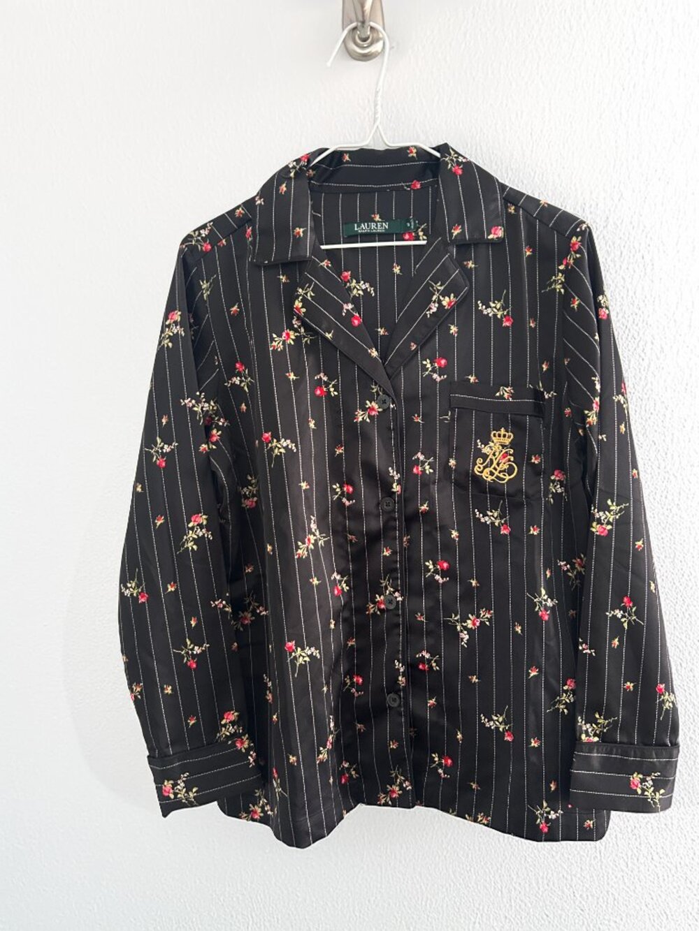 Lauren Ralph Lauren Silky Satin Crest Floral Pinstripe Pajama Set Size Small - Picture 5 of 9
